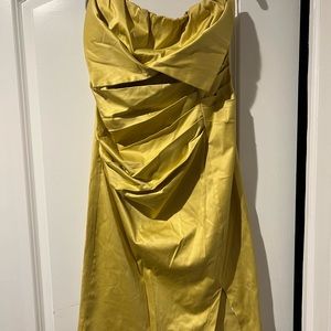 Gold satin strapless cocktail dress